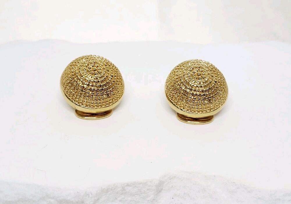 Pair Vintage Gold Tone Dome Textured Clip-On Earrings 3/4"